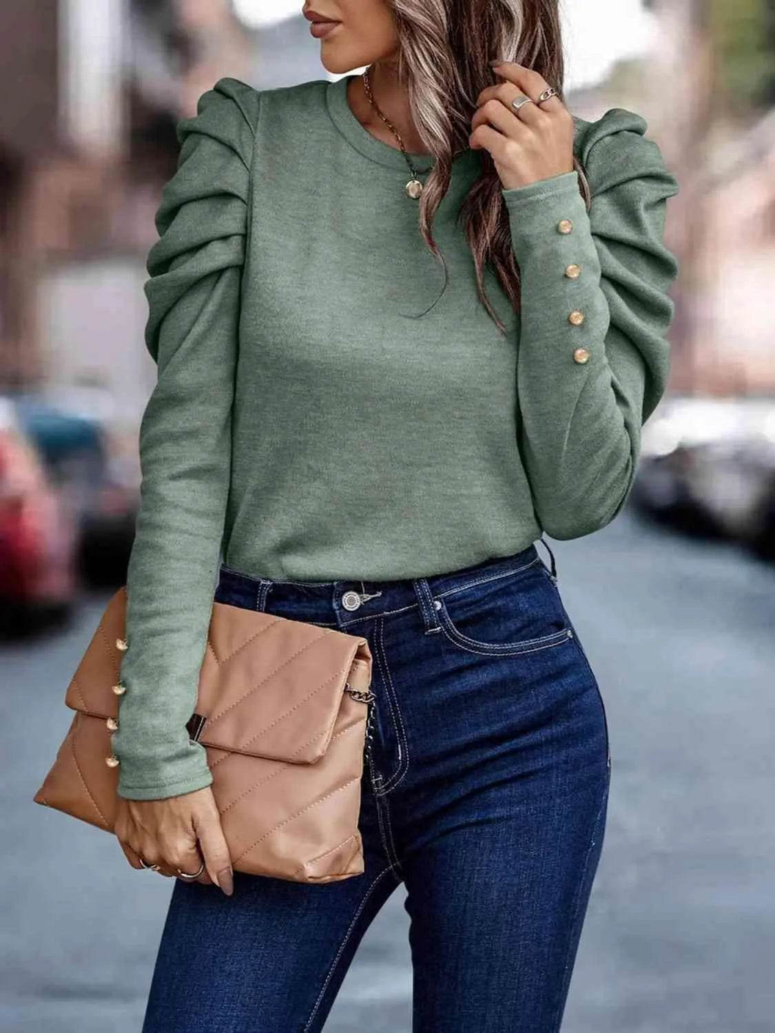 Decorative Button Puff Sleeve T-Shirt | Feminine & Trendy – Bona Fide Fashion