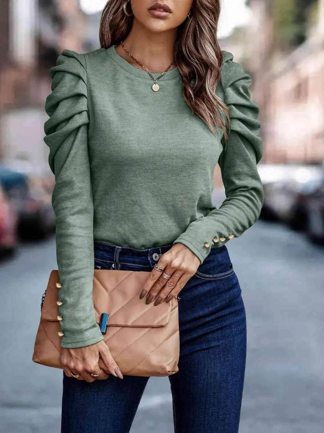 Decorative Button Puff Sleeve T-Shirt | Feminine & Trendy – Bona Fide Fashion