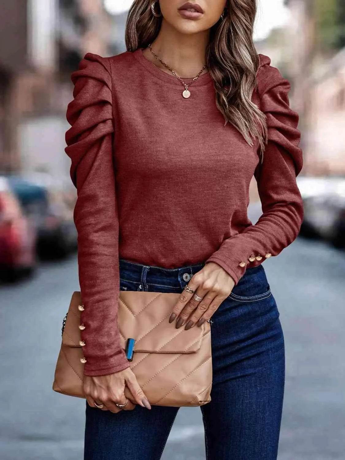 Decorative Button Puff Sleeve T-Shirt | Feminine & Trendy – Bona Fide Fashion