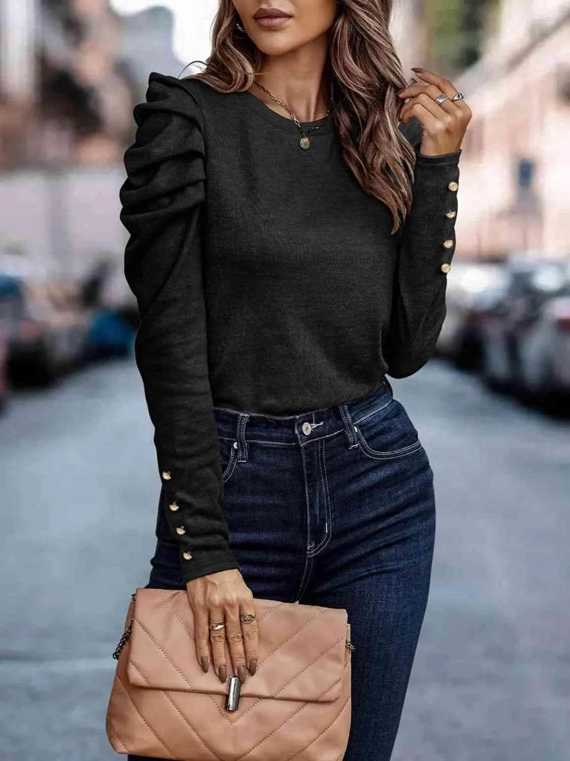 Decorative Button Puff Sleeve T-Shirt | Feminine & Trendy – Bona Fide Fashion