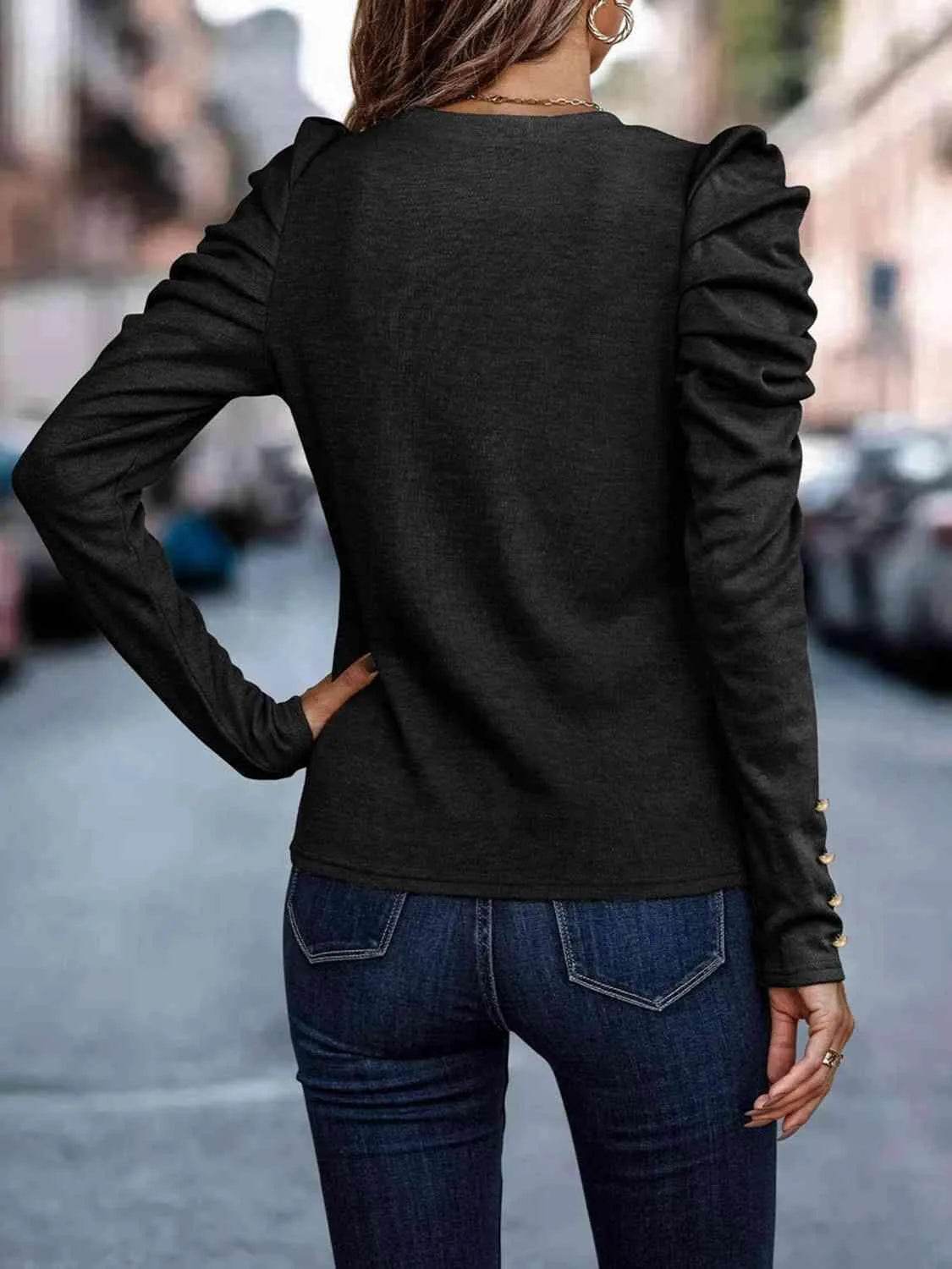 Decorative Button Puff Sleeve T-Shirt | Feminine & Trendy – Bona Fide Fashion