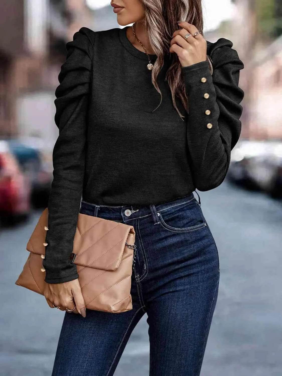 Decorative Button Puff Sleeve T-Shirt | Feminine & Trendy – Bona Fide Fashion