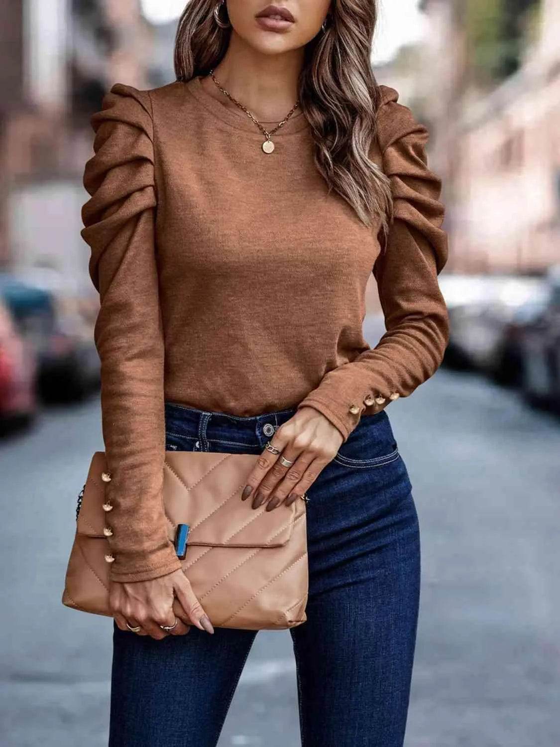Decorative Button Puff Sleeve T-Shirt | Feminine & Trendy – Bona Fide Fashion