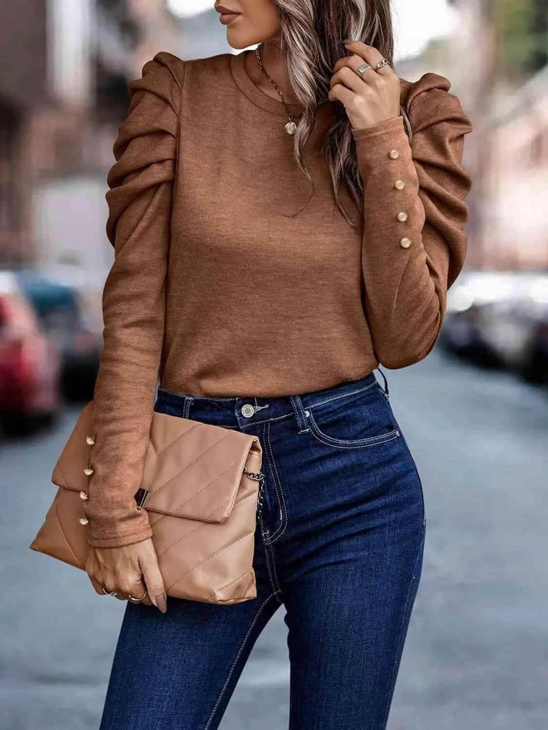 Decorative Button Puff Sleeve T-Shirt | Feminine & Trendy – Bona Fide Fashion