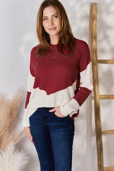 Bona Fide Fashion - Full Size Color Block Dropped Shoulder Knit Top - Women Fashion