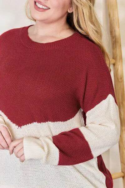 Bona Fide Fashion - Full Size Color Block Dropped Shoulder Knit Top - Women Fashion