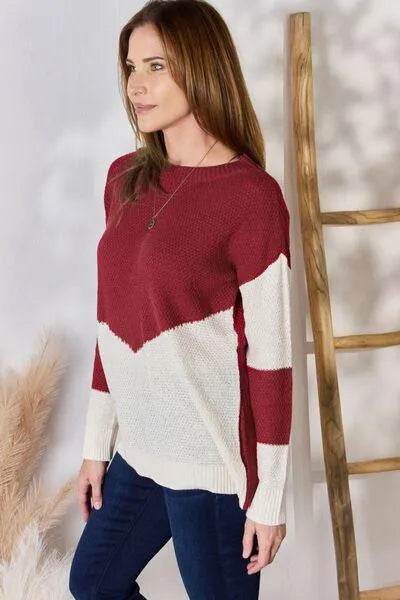 Bona Fide Fashion - Full Size Color Block Dropped Shoulder Knit Top - Women Fashion
