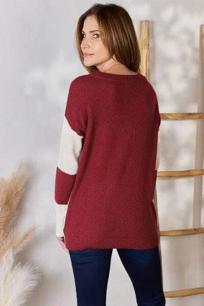 Bona Fide Fashion - Full Size Color Block Dropped Shoulder Knit Top - Women Fashion
