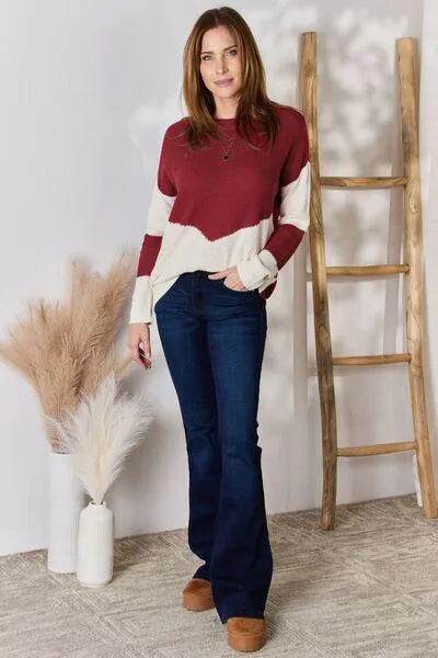 Bona Fide Fashion - Full Size Color Block Dropped Shoulder Knit Top - Women Fashion