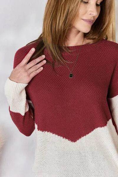 Bona Fide Fashion - Full Size Color Block Dropped Shoulder Knit Top - Women Fashion