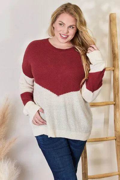 Bona Fide Fashion - Full Size Color Block Dropped Shoulder Knit Top - Women Fashion