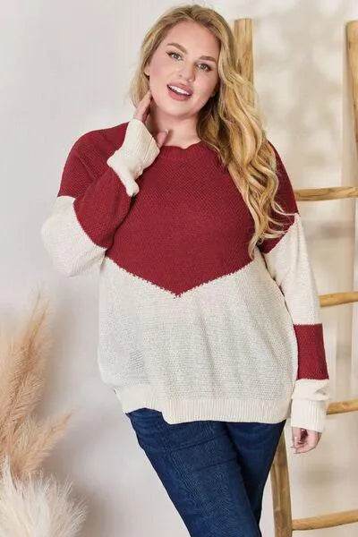 Bona Fide Fashion - Full Size Color Block Dropped Shoulder Knit Top - Women Fashion