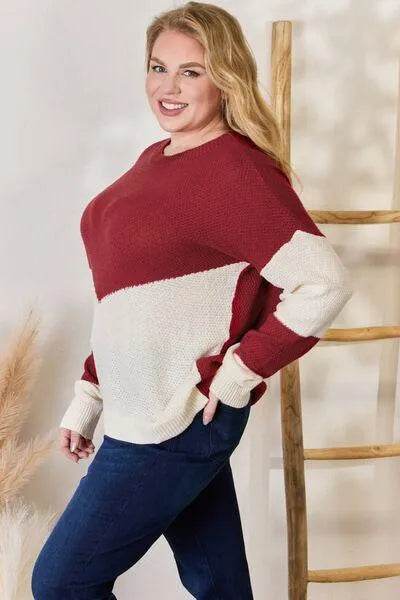Bona Fide Fashion - Full Size Color Block Dropped Shoulder Knit Top - Women Fashion