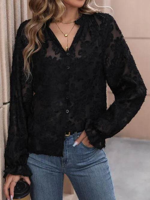 Bona Fide Fashion - Lace Button Front Long Sleeve Top - Women Fashion