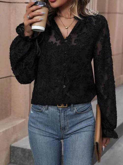 Bona Fide Fashion - Lace Button Front Long Sleeve Top - Women Fashion