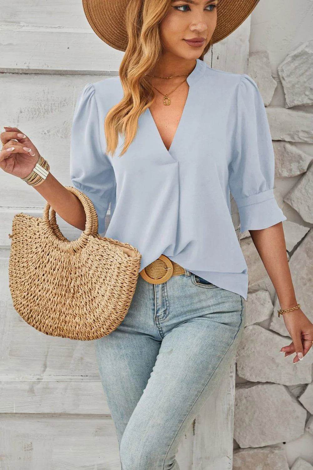 Bona Fide Fashion - Notched Half Sleeve T-Shirt - Women Fashion