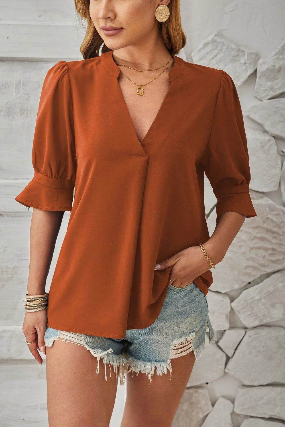 Bona Fide Fashion - Notched Half Sleeve T-Shirt - Women Fashion