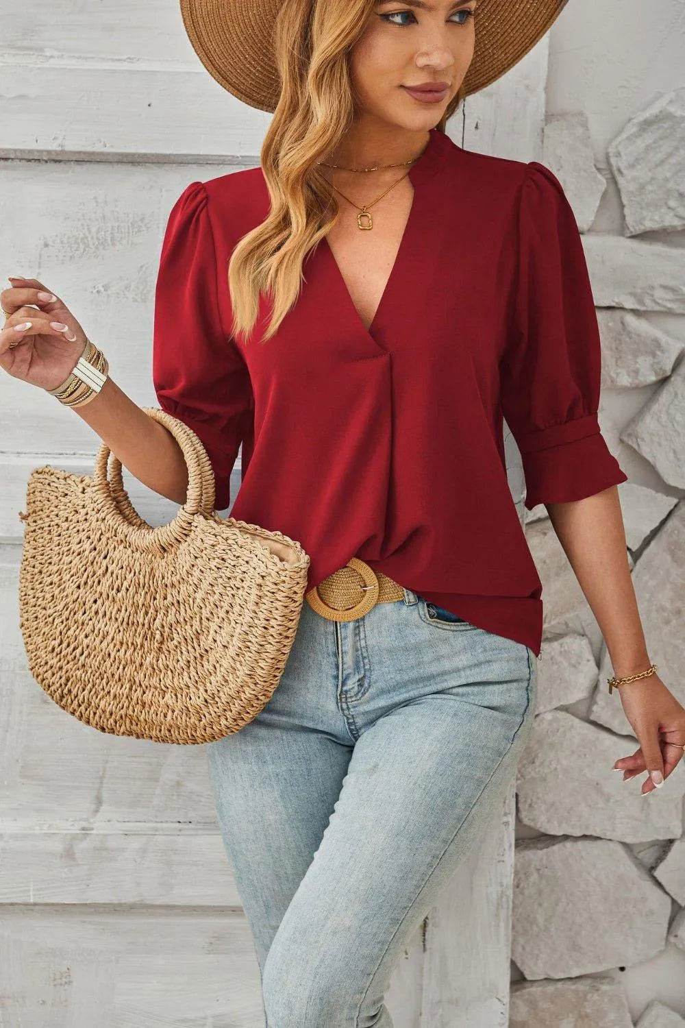 Bona Fide Fashion - Notched Half Sleeve T-Shirt - Women Fashion
