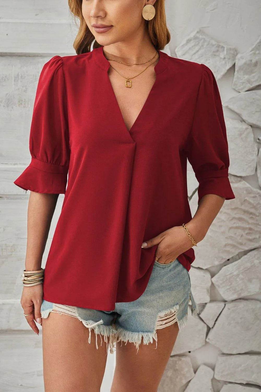 Bona Fide Fashion - Notched Half Sleeve T-Shirt - Women Fashion