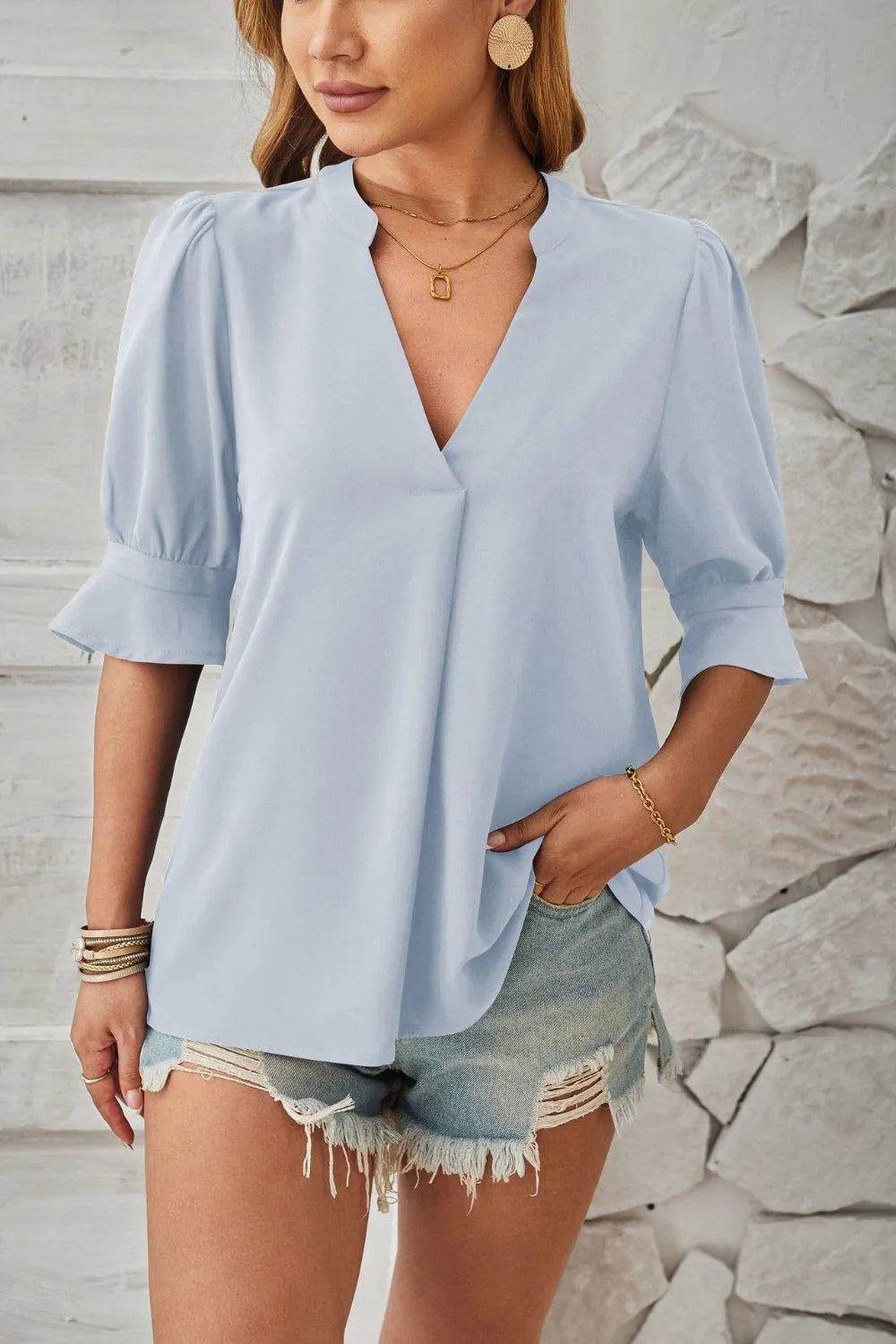Bona Fide Fashion - Notched Half Sleeve T-Shirt - Women Fashion