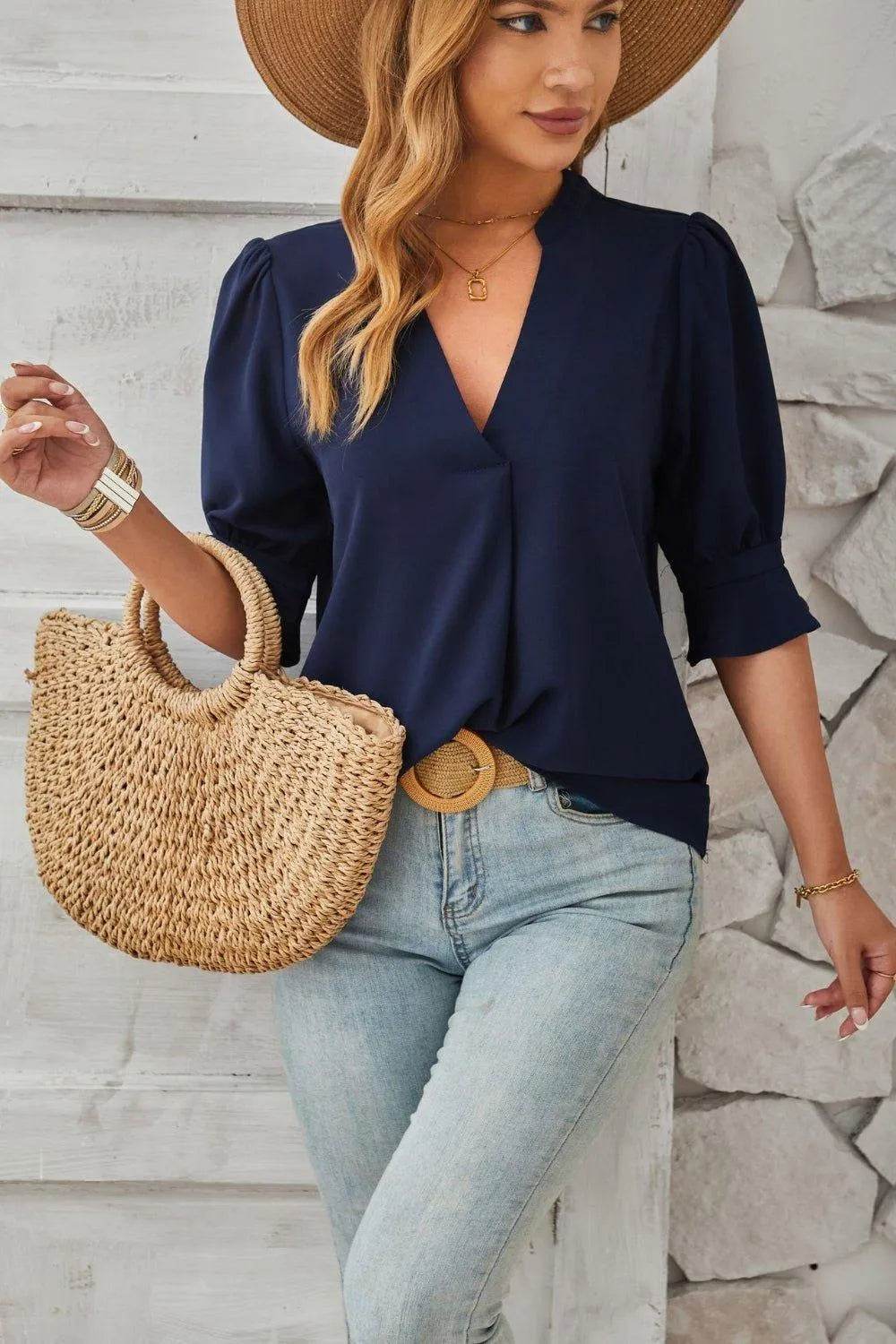 Bona Fide Fashion - Notched Half Sleeve T-Shirt - Women Fashion