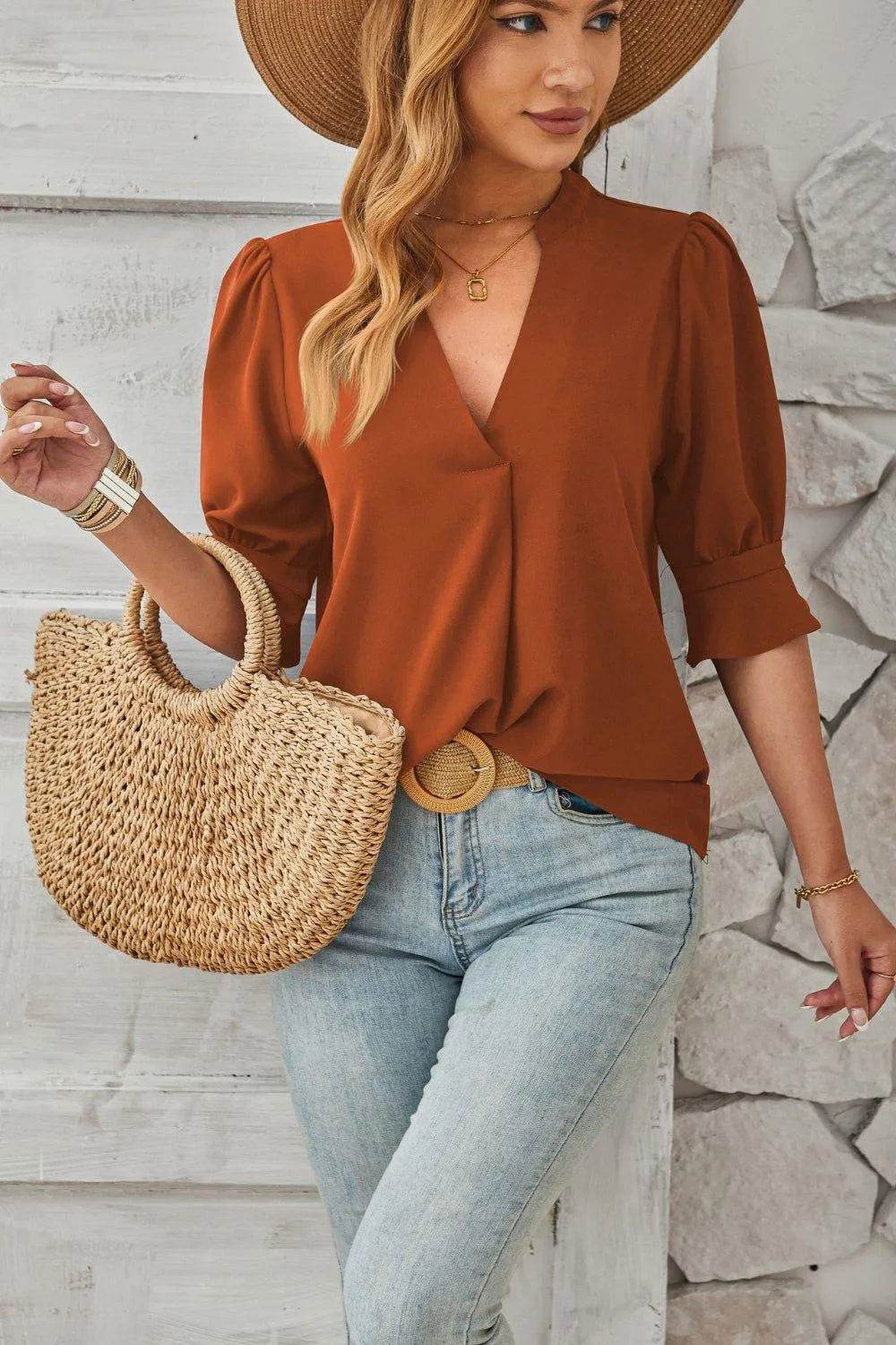 Bona Fide Fashion - Notched Half Sleeve T-Shirt - Women Fashion