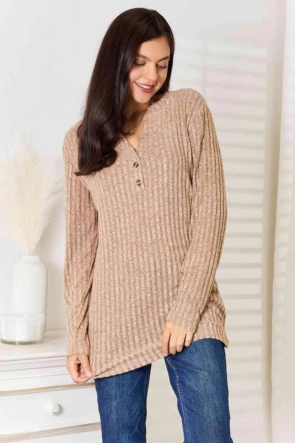 Bona Fide Fashion - Notched Neck Ribbed Long Sleeve T-Shirt - Women Fashion
