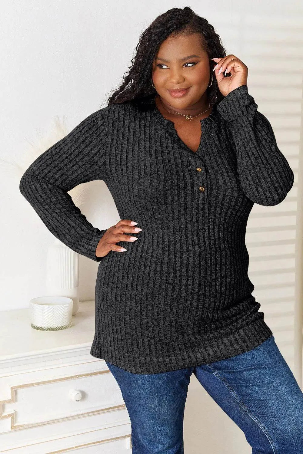 Bona Fide Fashion - Notched Neck Ribbed Long Sleeve T-Shirt - Women Fashion