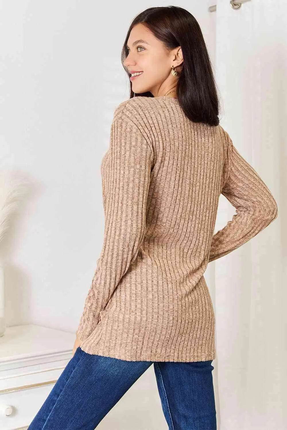 Bona Fide Fashion - Notched Neck Ribbed Long Sleeve T-Shirt - Women Fashion