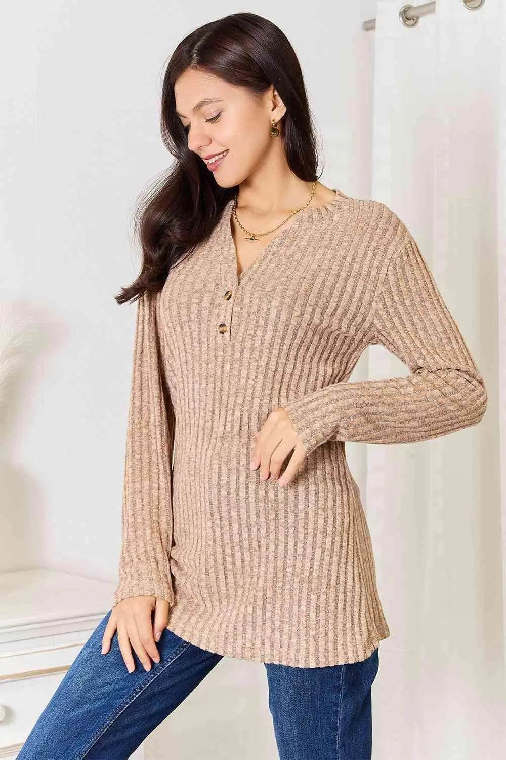 Bona Fide Fashion - Notched Neck Ribbed Long Sleeve T-Shirt - Women Fashion