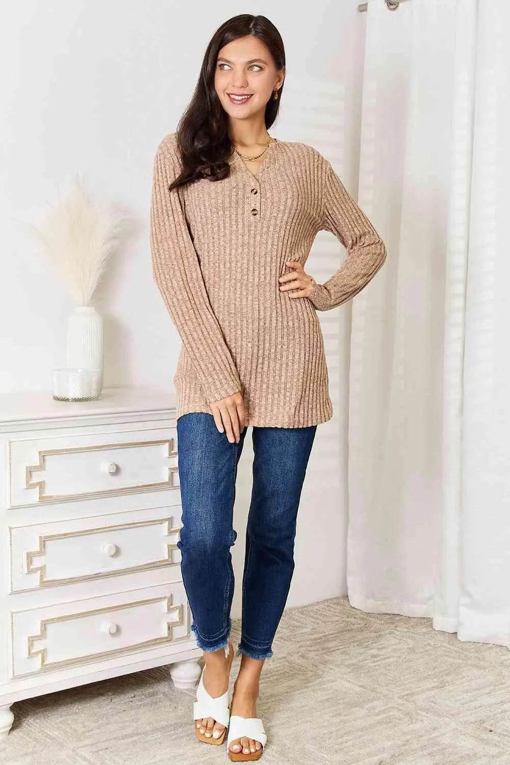 Bona Fide Fashion - Notched Neck Ribbed Long Sleeve T-Shirt - Women Fashion