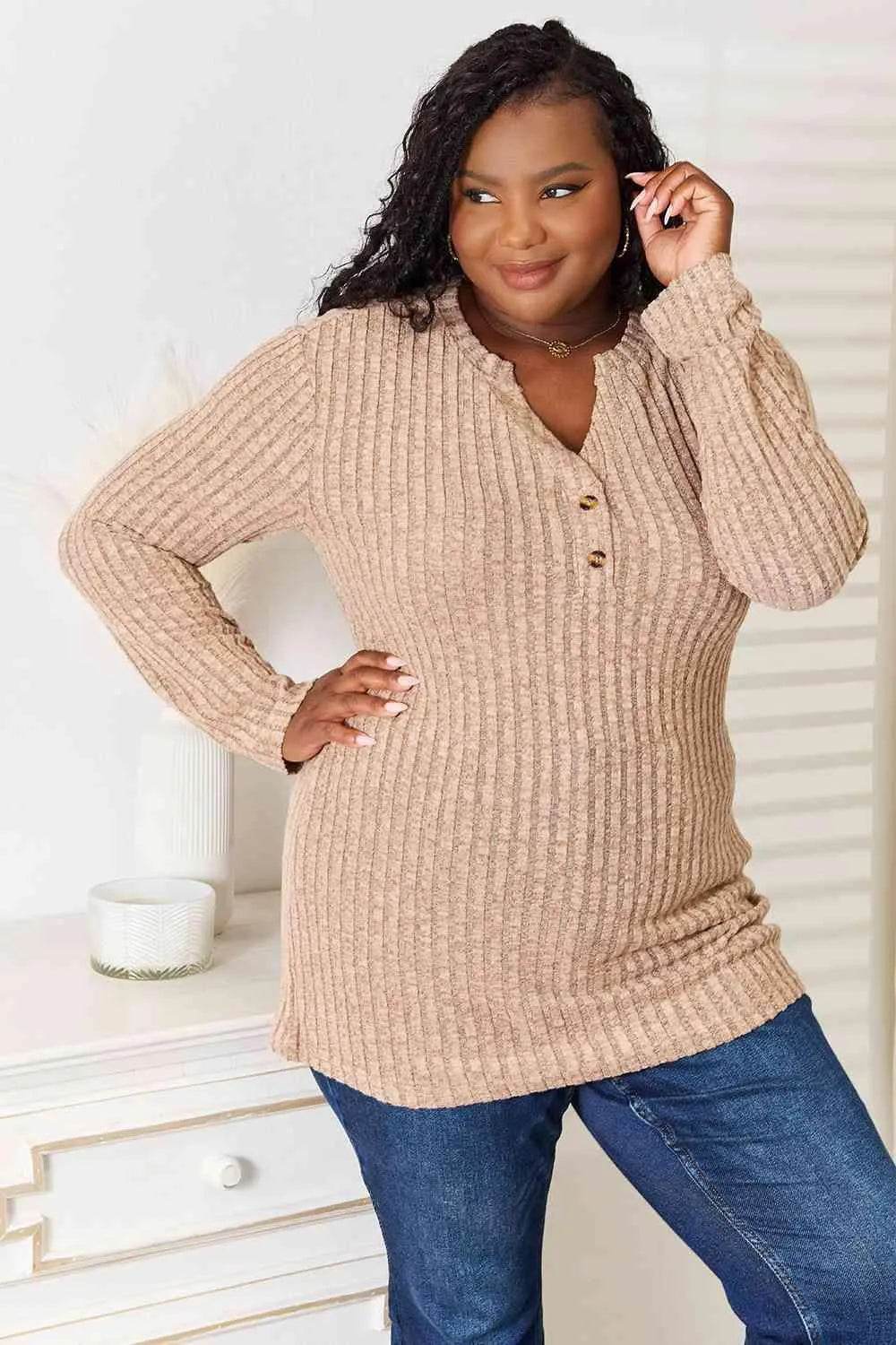 Bona Fide Fashion - Notched Neck Ribbed Long Sleeve T-Shirt - Women Fashion