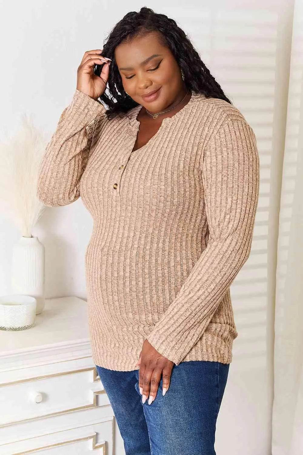 Bona Fide Fashion - Notched Neck Ribbed Long Sleeve T-Shirt - Women Fashion