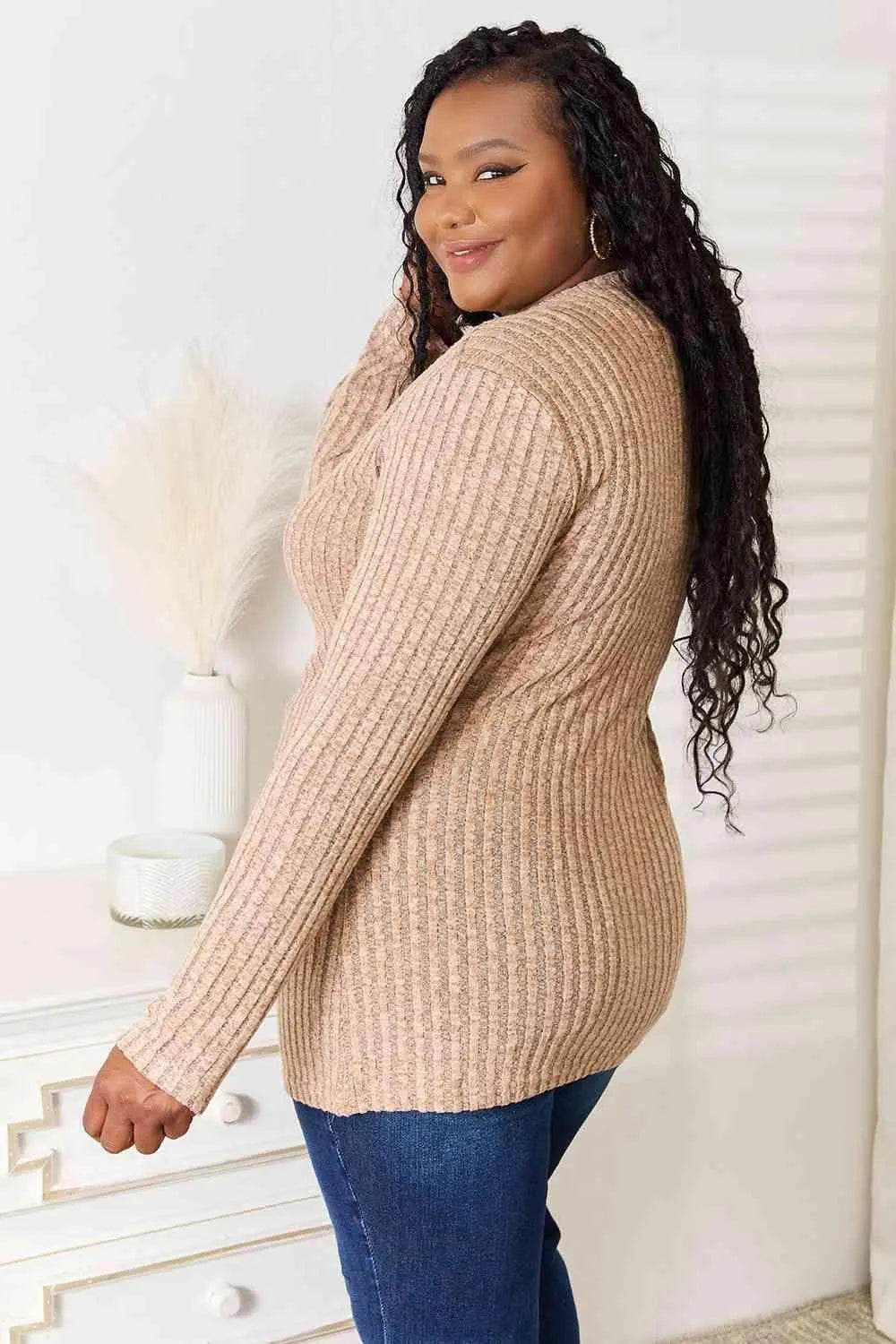 Bona Fide Fashion - Notched Neck Ribbed Long Sleeve T-Shirt - Women Fashion