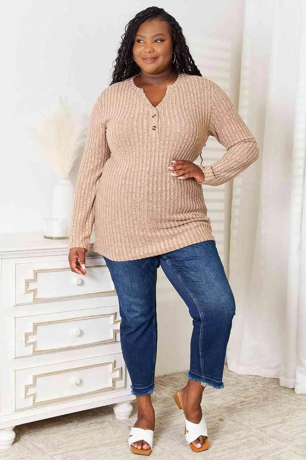 Bona Fide Fashion - Notched Neck Ribbed Long Sleeve T-Shirt - Women Fashion