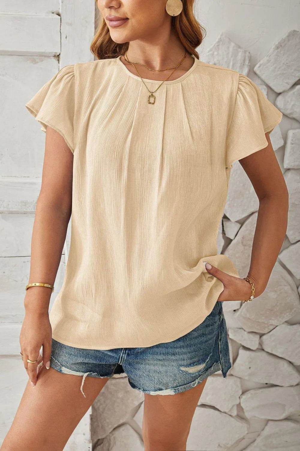 Bona Fide Fashion - Round Neck Keyhole Cap Sleeve T-Shirt - Women Fashion