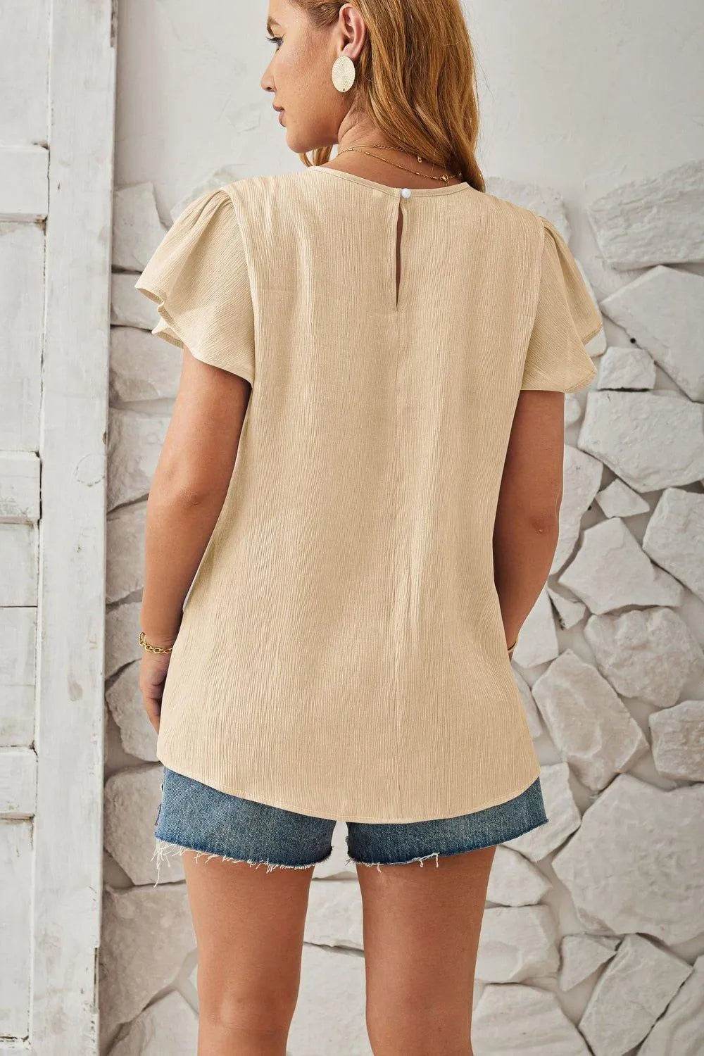 Bona Fide Fashion - Round Neck Keyhole Cap Sleeve T-Shirt - Women Fashion