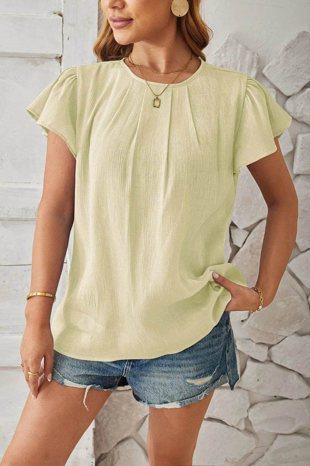 Bona Fide Fashion - Round Neck Keyhole Cap Sleeve T-Shirt - Women Fashion