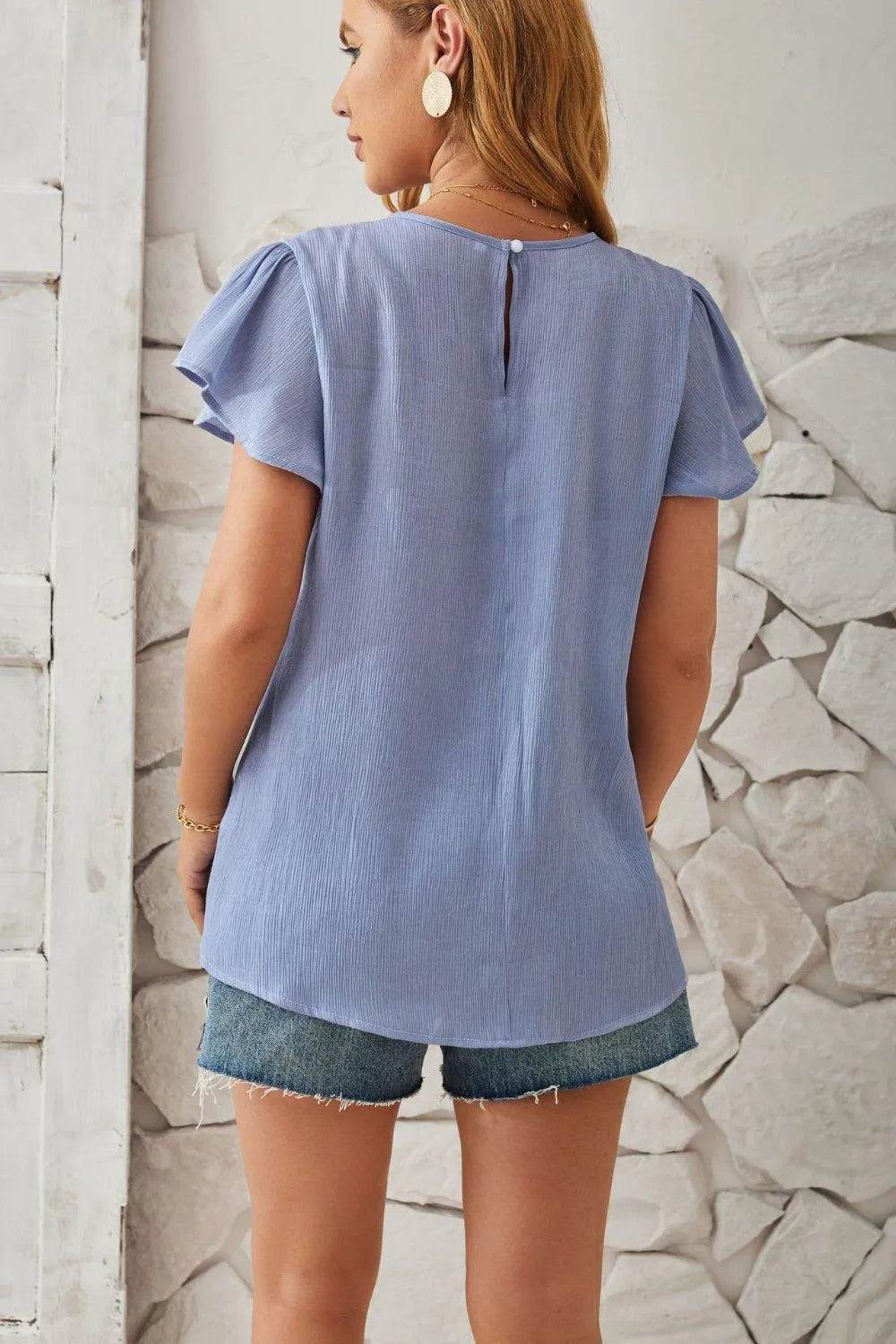 Bona Fide Fashion - Round Neck Keyhole Cap Sleeve T-Shirt - Women Fashion