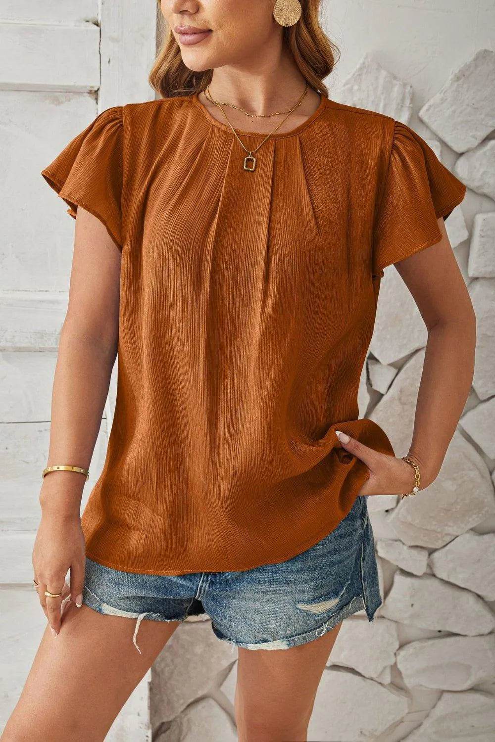 Bona Fide Fashion - Round Neck Keyhole Cap Sleeve T-Shirt - Women Fashion