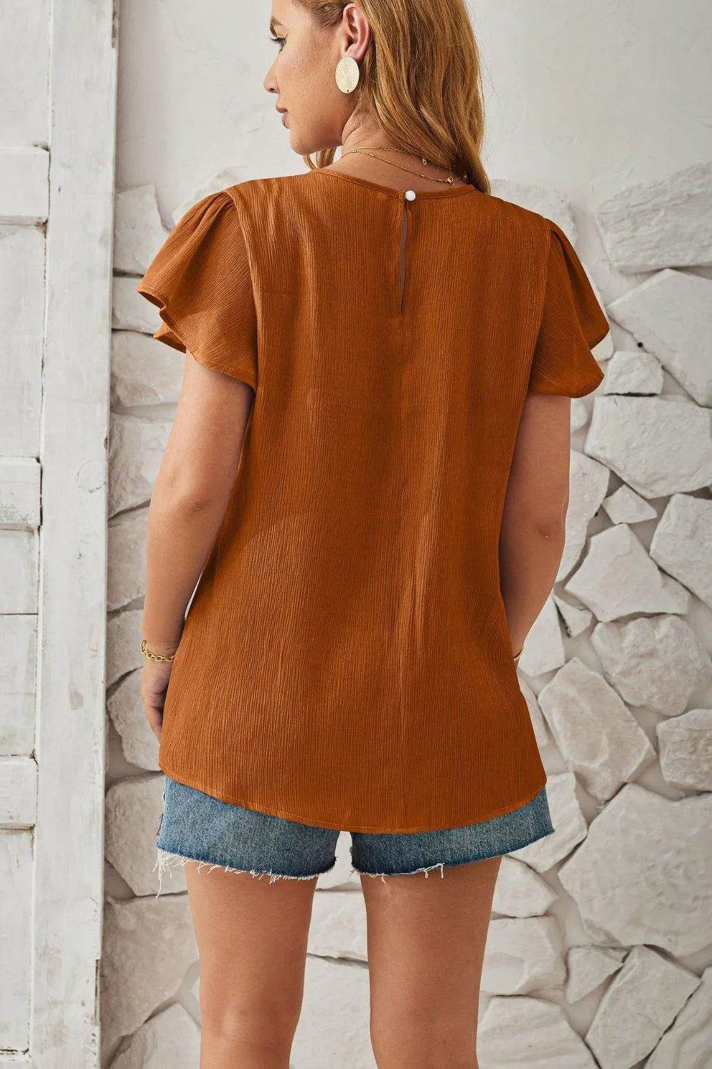 Bona Fide Fashion - Round Neck Keyhole Cap Sleeve T-Shirt - Women Fashion