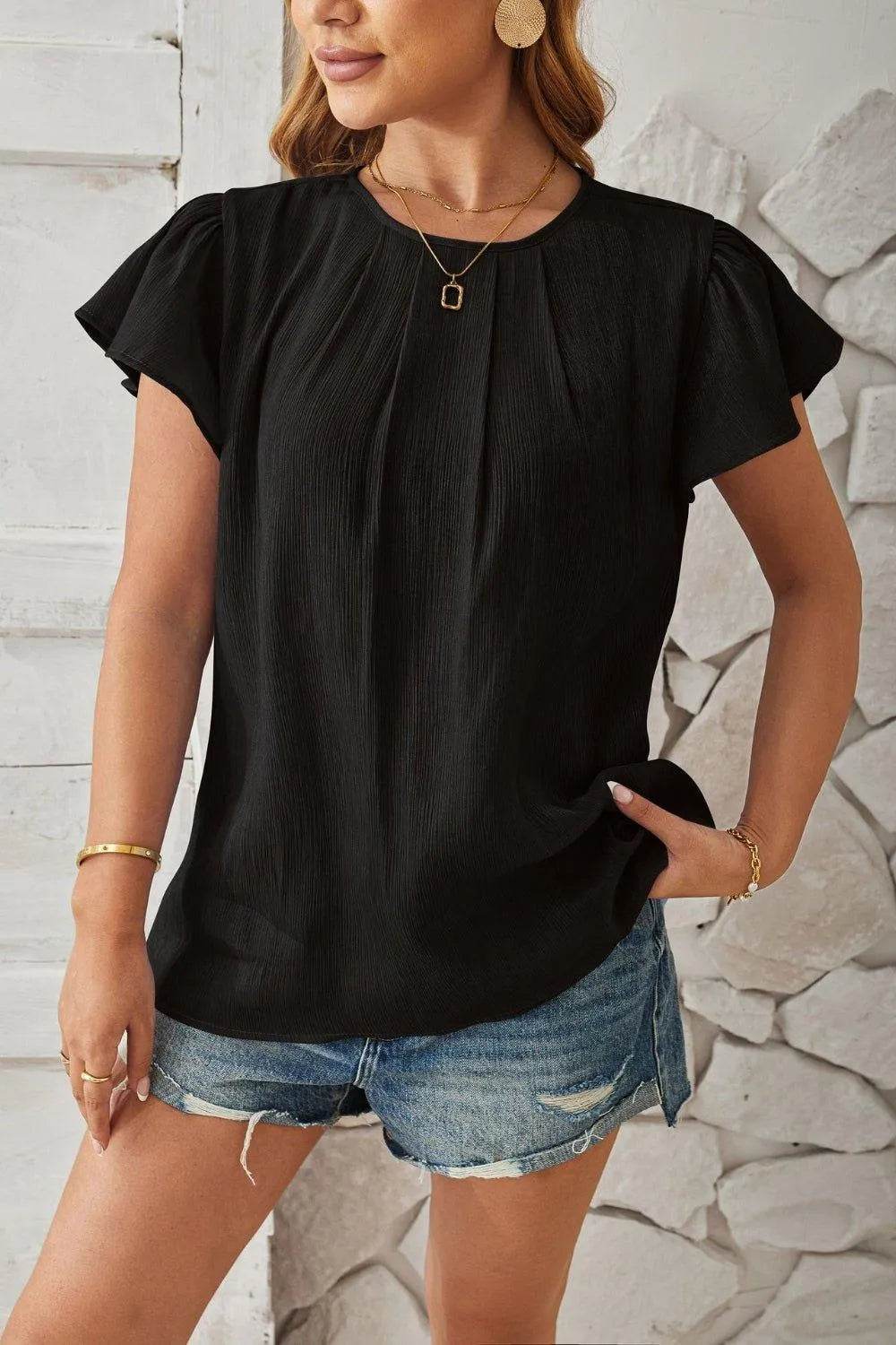 Bona Fide Fashion - Round Neck Keyhole Cap Sleeve T-Shirt - Women Fashion