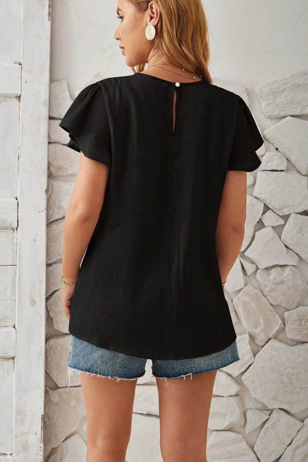 Bona Fide Fashion - Round Neck Keyhole Cap Sleeve T-Shirt - Women Fashion
