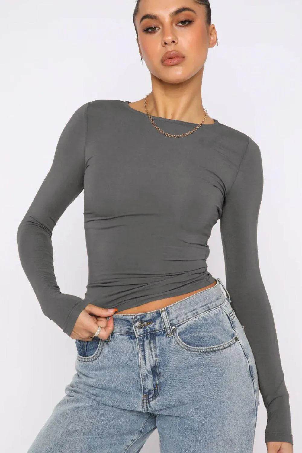 Bona Fide Fashion - Round Neck Long-Sleeve Top - Women Fashion