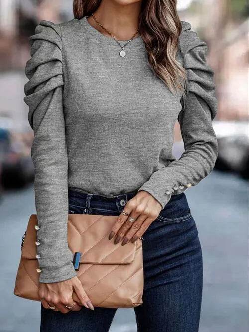 Bona Fide Fashion - Round Neck Puff Sleeve Blouse - Women Fashion