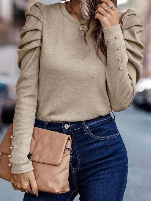Bona Fide Fashion - Round Neck Puff Sleeve Blouse - Women Fashion