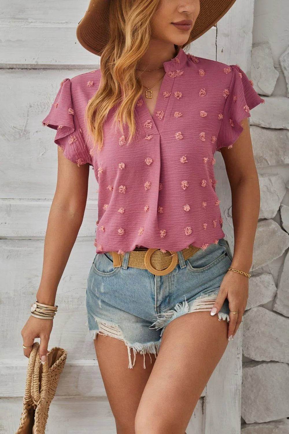 Bona Fide Fashion - Swiss Dot Notched Cap Sleeve T-Shirt - Women Fashion