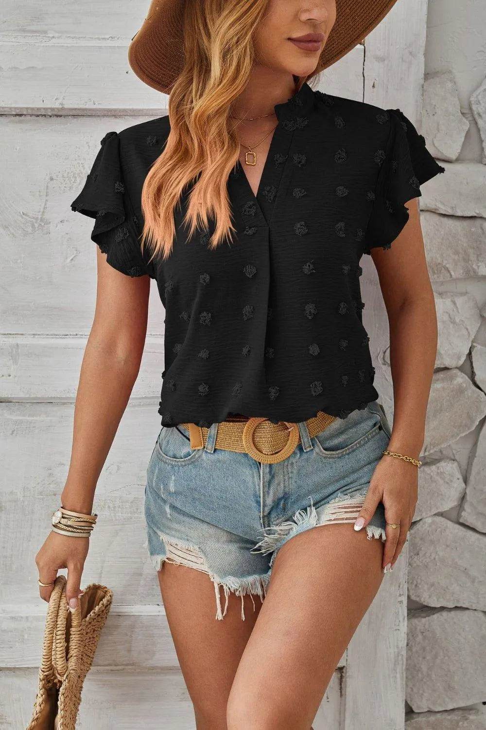 Bona Fide Fashion - Swiss Dot Notched Cap Sleeve T-Shirt - Women Fashion