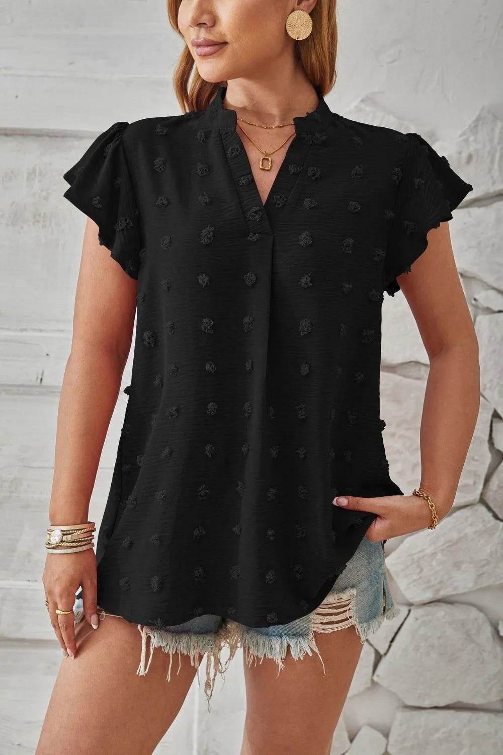 Bona Fide Fashion - Swiss Dot Notched Cap Sleeve T-Shirt - Women Fashion