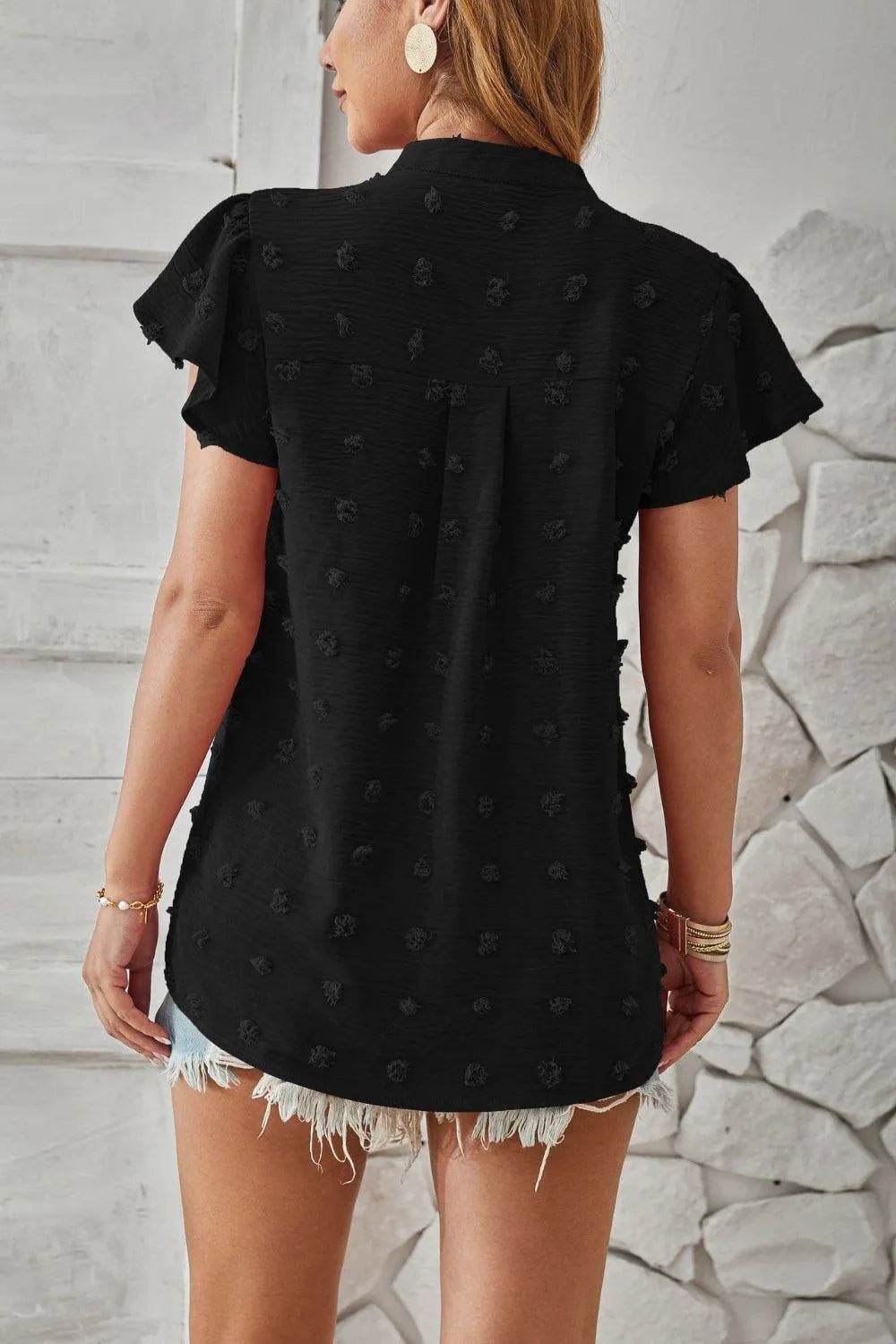 Bona Fide Fashion - Swiss Dot Notched Cap Sleeve T-Shirt - Women Fashion